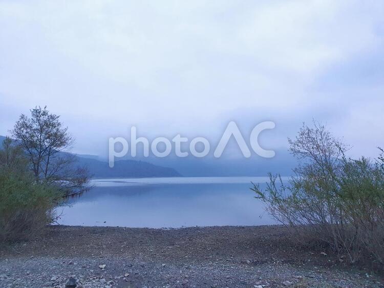 夜明け前の霧がかった湖畔 夜明け,夜明け前,明け方の写真素材