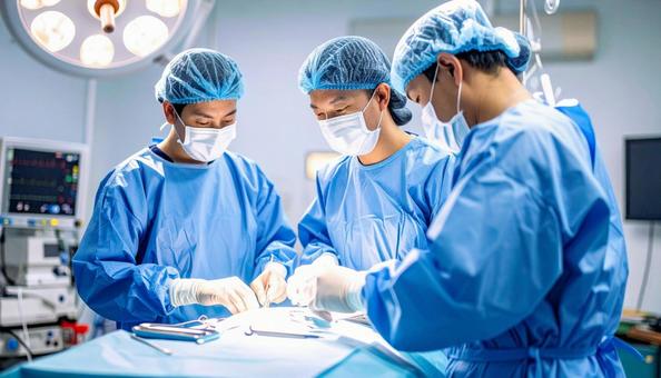 手術室で医師チームが手術で執刀している 手術室で医師チームが手術で執刀しているの写真