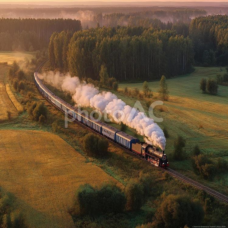 夕暮れ時の鉄道風景 蒸気機関車,列車,鉄道の写真素材