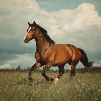 青空の下　疾走感のある走り　サラブレッドの写真