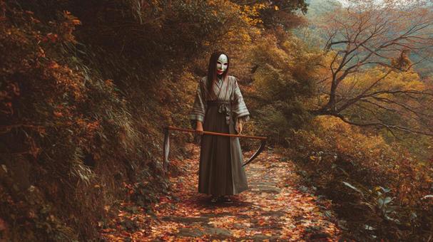 仮面の女性と大鎌の写真