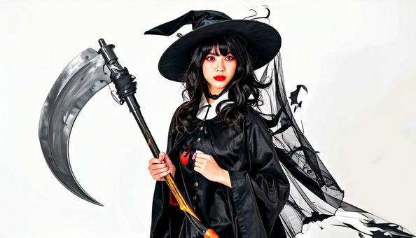 鎌を持った魔女に仮装する女性 ハロウィン 鎌を持った魔女に仮装する女性 ハロウィンの写真