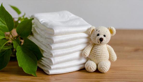 テーブルの上の紙おむつと熊の編みぐるみ テーブルの上の紙おむつと熊の編みぐるみの写真