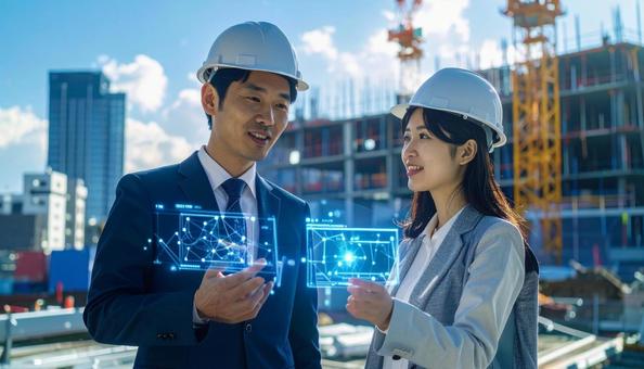 ホログラムのデータを見て議論する建築現場 ホログラムのデータを見て議論する建築現場の写真