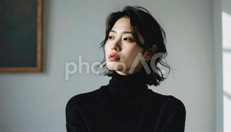 自然光に照らされる女性の横顔ポートレート 女性,黒タートルネック,窓辺の写真素材