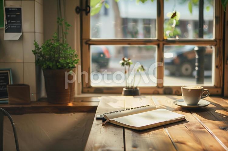 カフェの窓辺とノートとコーヒー カフェ,ノート,コーヒーの写真素材