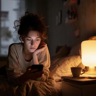 夜のベッドでスマホを見る女性 夜のベッドでスマホを見る女性の写真