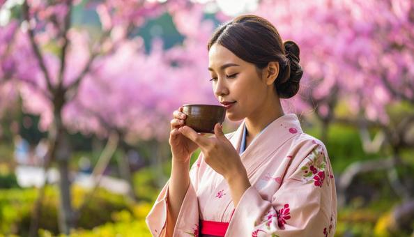 お茶を飲む女性 お茶を飲む女性の写真
