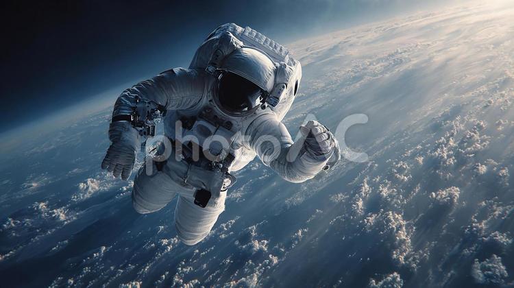 広大な宇宙に一人佇む宇宙飛行士 宇宙飛行士,宇宙,地球の写真素材