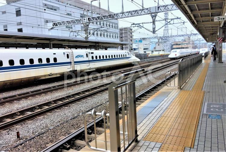 停車中、並んで入ってくる2台の新幹線列車 新幹線,東海道,こだまの写真素材