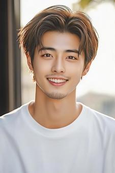 白Tシャツで笑顔を見せる若いイケメン男性 白Tシャツで笑顔を見せる若いイケメン男性の写真