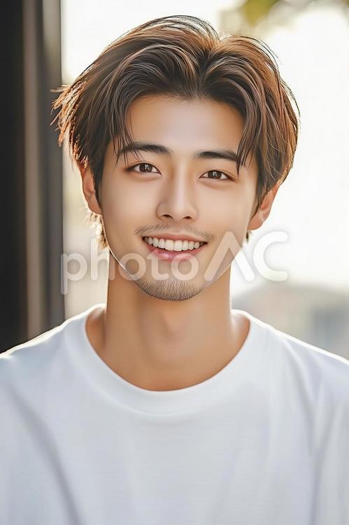 白Tシャツで笑顔を見せる若いイケメン男性 男性,笑顔,若いの写真素材