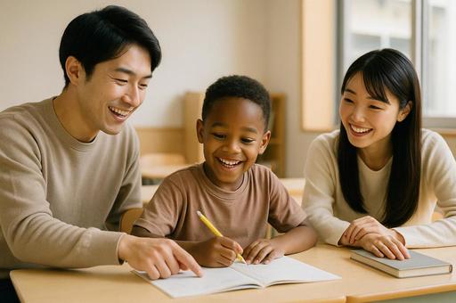日本人が海外の子供に勉強を教える場面 日本人が海外の子供に勉強を教える場面の写真