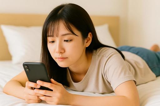 横になってスマホを見る若い女性 横になってスマホを見る若い女性の写真