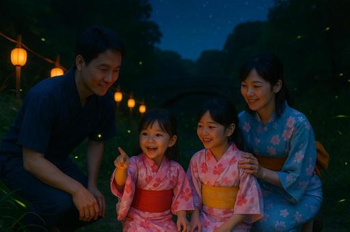 蛍が集まっている場所で鑑賞する家族 蛍が集まっている場所で鑑賞する家族の写真
