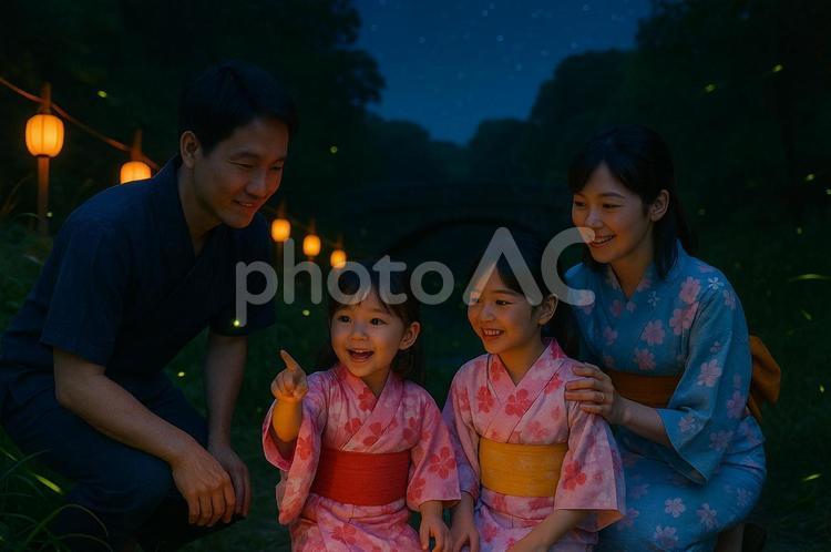蛍が集まっている場所で鑑賞する家族 夜,初夏,螢の写真素材