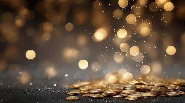 きらめくボケ光に包まれた金貨の写真