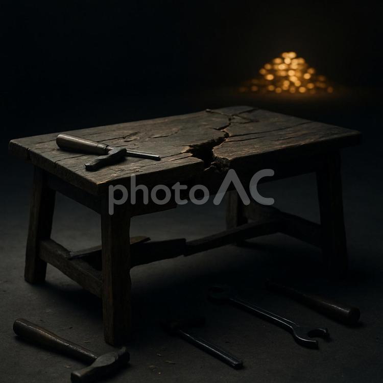 壊れた作業台と遠くの金貨（修復への投資） 作業台,机,木製の写真素材