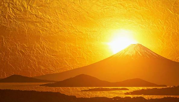 富士山 太陽 金色の紙の質感のある背景 富士山 太陽 金色の紙の質感のある背景の写真