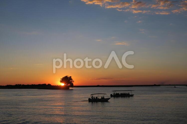 サバンナの夕焼け　アフリカ サバンナ,アフリカ,ボツワナの写真素材