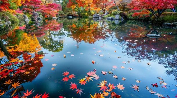 日本庭園の池の水面に映る紅葉 日本庭園の池の水面に映る紅葉の写真