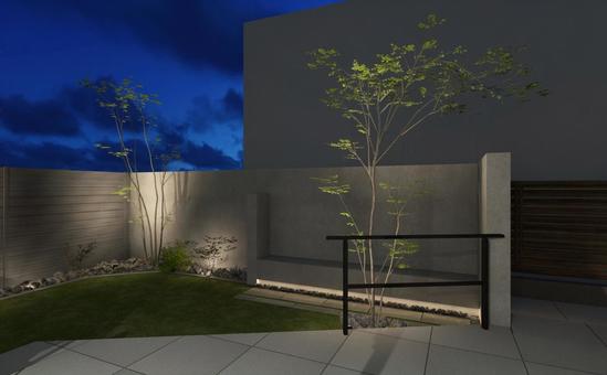 タイルテラスから見るベンチのある癒しの庭 庭,外構,エクステリアの写真素材