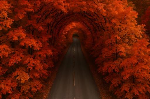 紅葉のトンネル上空 紅葉のトンネル上空の写真