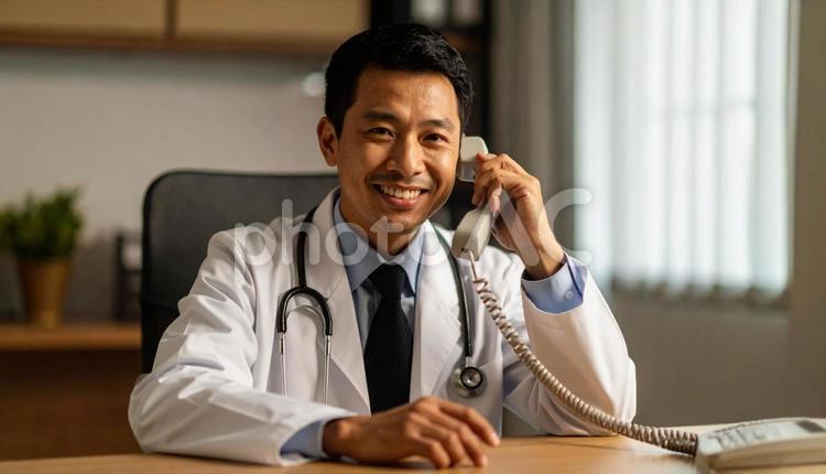 笑顔で固定電話をかける医師 電話診療,若い,電話機の写真素材