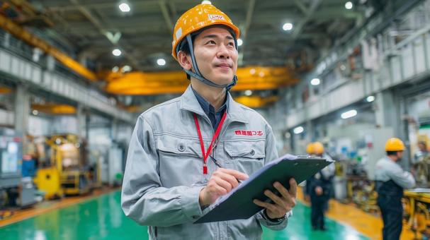 工場内で安全確認を行う日本人作業員 工場内で安全確認を行う日本人作業員の写真