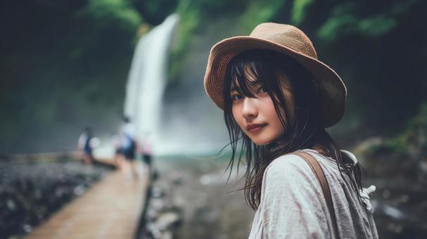 夏の深緑と渓流沿いの遊歩道と若い女性 夏の深緑と渓流沿いの遊歩道と若い女性の写真