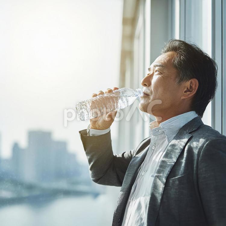休憩中に水を飲む男性会社員 日本人,ビジネスマン,男性の写真素材
