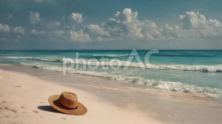 波打ち際に置かれた帽子 ビーチ,夏,海の写真素材