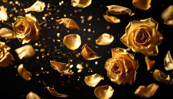 金色の薔薇と舞い散る花びら 金色の薔薇と舞い散る花びらの写真