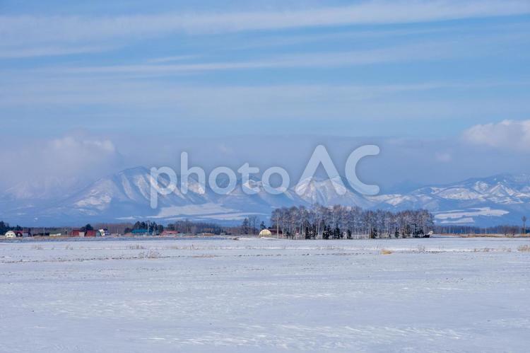 冬の牧場と然別の山々 青空,雪山,雪原の写真素材