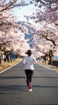 アスファルトの道路をランニングする女性 アスファルトの道路をランニングする女性の写真