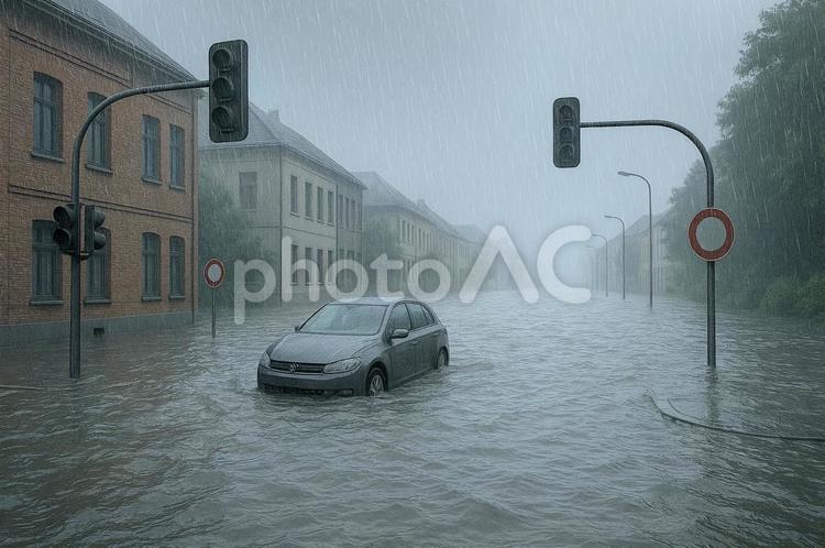 冠水した道路を走る車 ai生成,冠水,車の写真素材