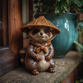 和風タヌキのかわいい陶器置物の写真