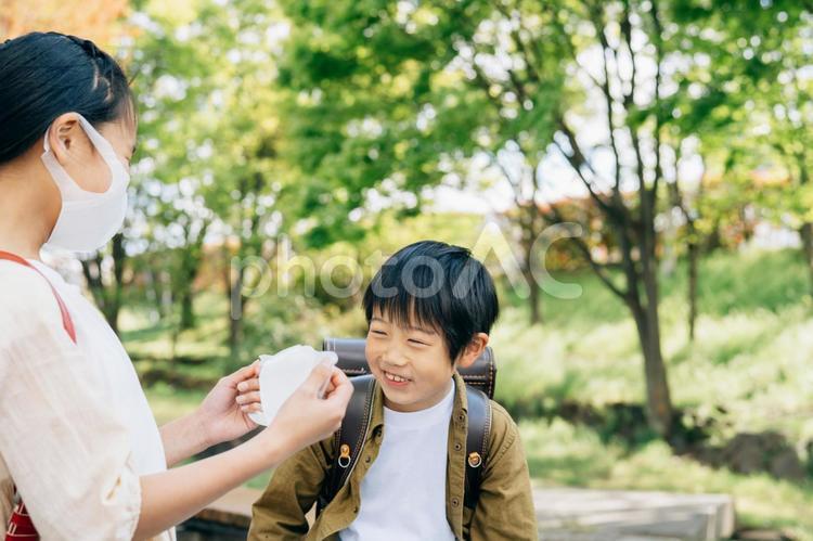 男の子にマスクをつけてあげる女の子 マスク,子供,コロナ禍の写真素材
