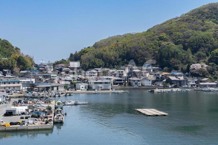 春の港町の風景 港町,漁村,漁港の写真素材