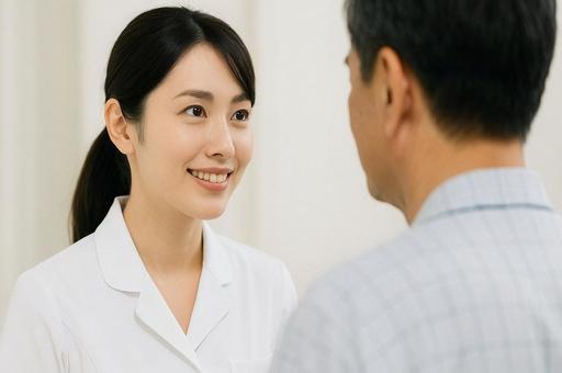 看護師・ナースが笑顔で患者と向き合う風景 看護師・ナースが笑顔で患者と向き合う風景の写真