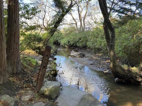 遠野のカッパ淵の看板と小川（秋） カッパ淵,カッパ,遠野の写真素材
