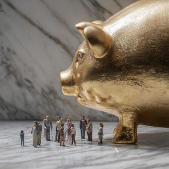 大理石の上で富を象徴する金の豚と人々 大理石の上で富を象徴する金の豚と人々の写真