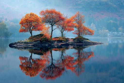 オレンジ色の紅葉が際立つ神秘的な湖の風景 オレンジ色の紅葉が際立つ神秘的な湖の風景の写真