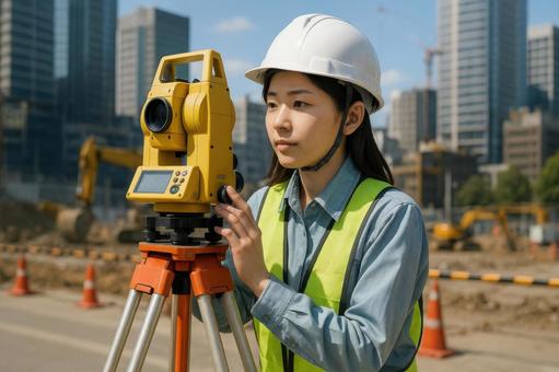 測量中の女性技術者 測量中の女性技術者の写真