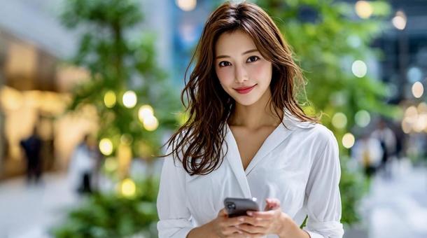 スマホを持つ白いシャツ姿の日本人美女 スマホを持つ白いシャツ姿の日本人美女の写真