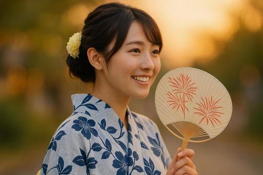 浴衣女性夕暮れ団扇アップの写真