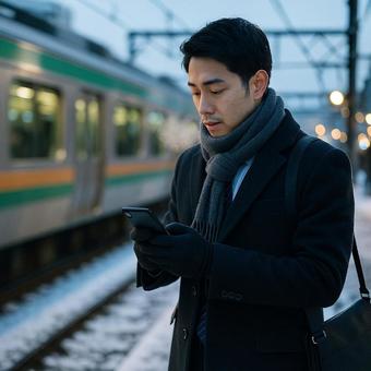 雪の朝の通勤会社員の写真