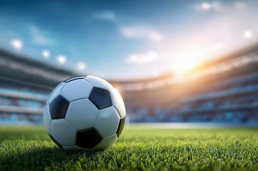 試合を待つサッカーボールと広がるピッチ 試合を待つサッカーボールと広がるピッチの写真