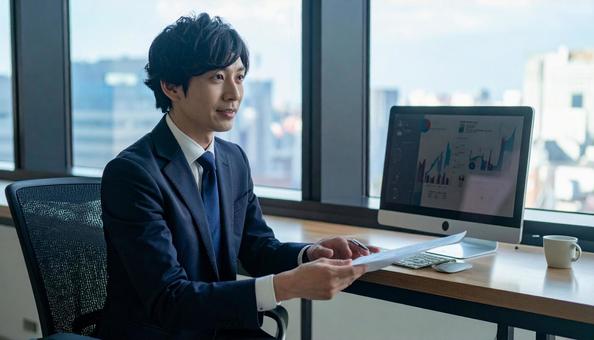 オフィスで商談する日本人ビジネスマン オフィスで商談する日本人ビジネスマンの写真