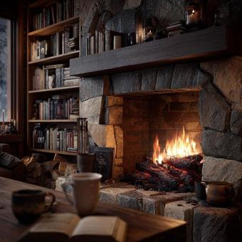 暖炉と本棚がある温かい田舎風の部屋の写真